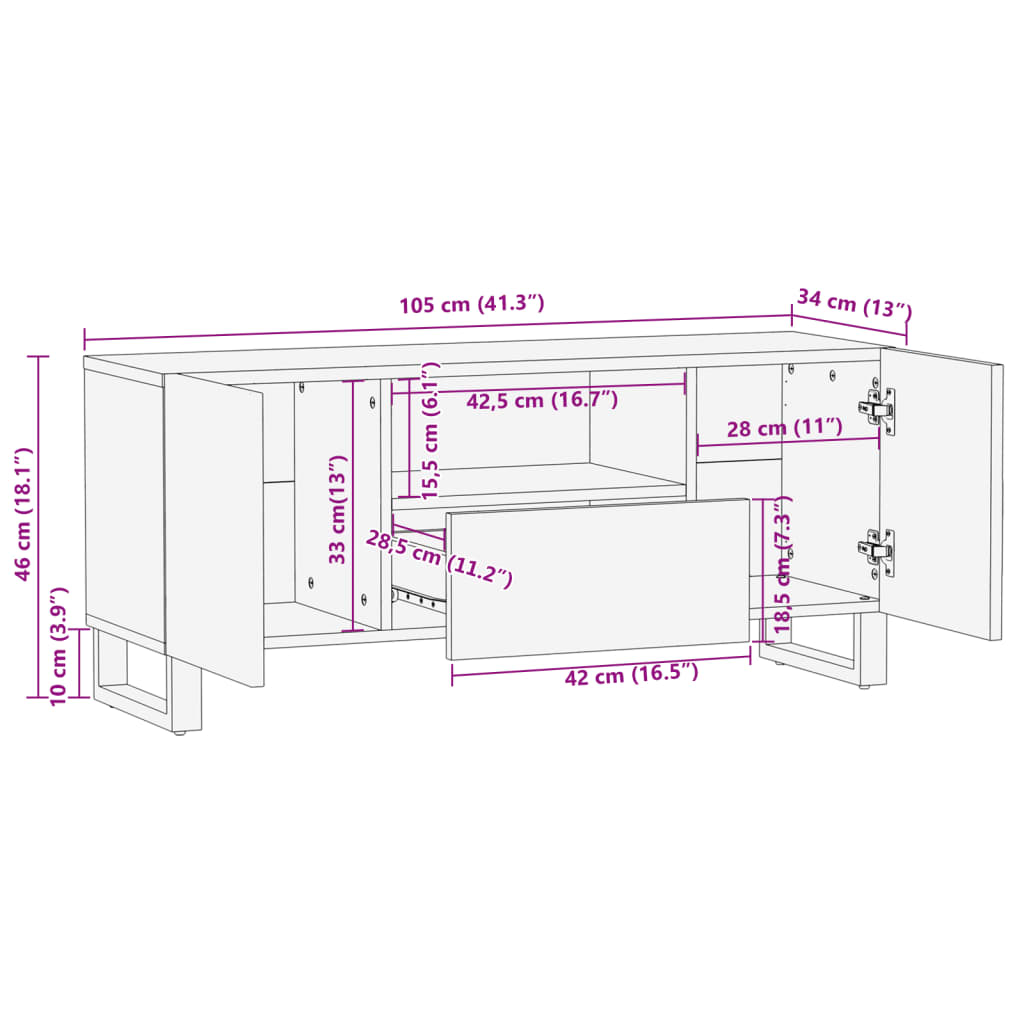 vidaXL Meuble TV 100x34x46 cm bois massif de manguier