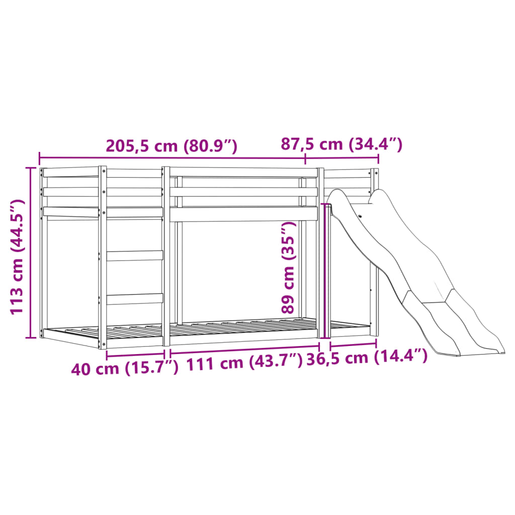 vidaXL Lit superposé avec toboggan et rideaux rose 80x200 cm