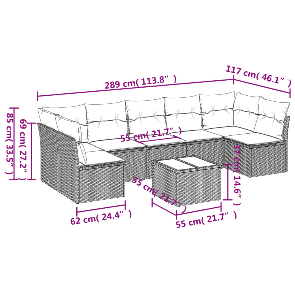 vidaXL Salon de jardin 8 pcs avec coussins gris clair résine tressée