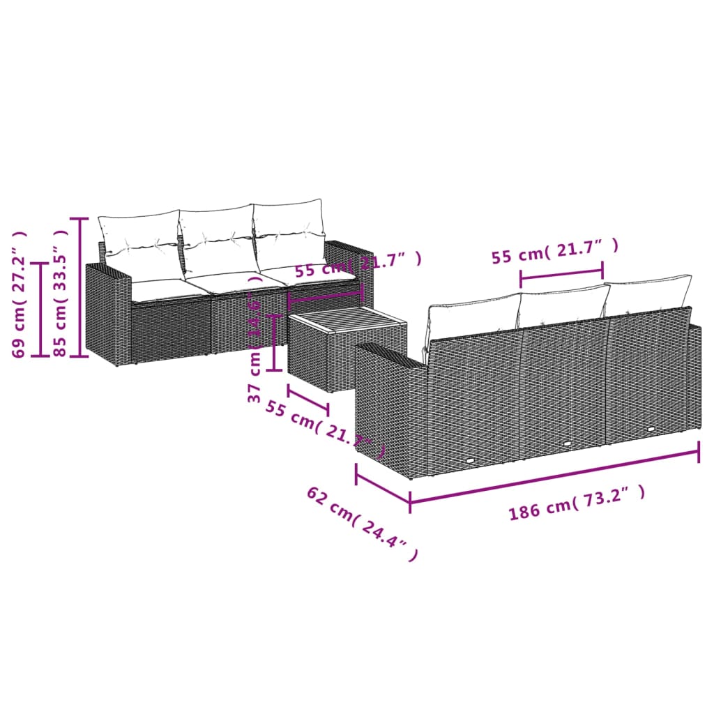 vidaXL Salon de jardin 7 pcs avec coussins noir résine tressée