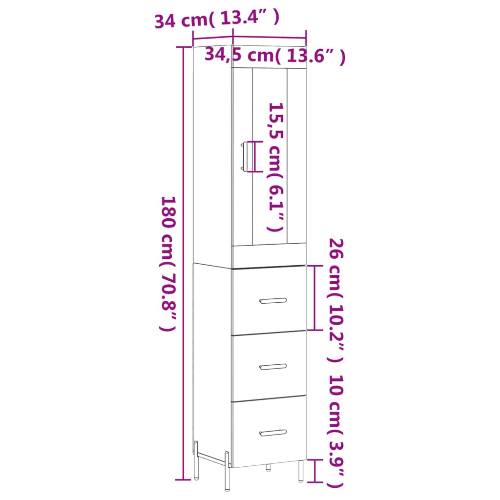 vidaXL Buffet haut Gris béton 34,5x34x180 cm Bois d'ingénierie