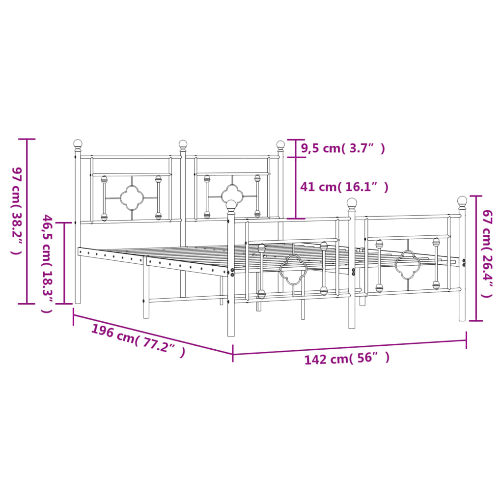 vidaXL Cadre de lit métal sans matelas avec pied de lit noir 135x190cm