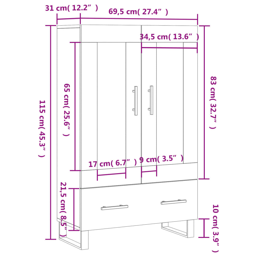 vidaXL Buffet haut gris béton 69,5x31x115 cm bois d'ingénierie