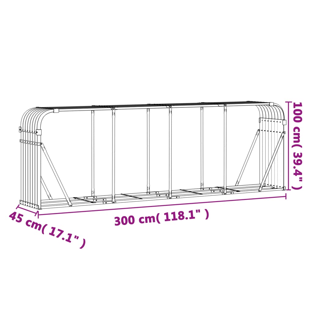 vidaXL Porte-bûches marron 300x45x100 cm acier galvanisé