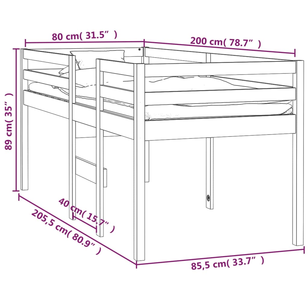 vidaXL Lit haut Marron miel 80x200 cm Bois de pin massif