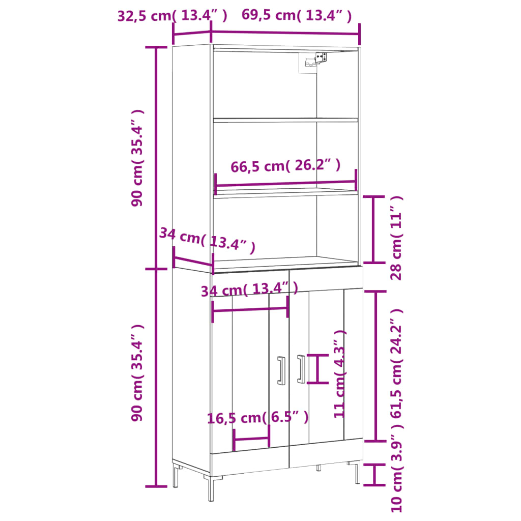 vidaXL Buffet haut Chêne fumé 69,5x34x180 cm Bois d'ingénierie