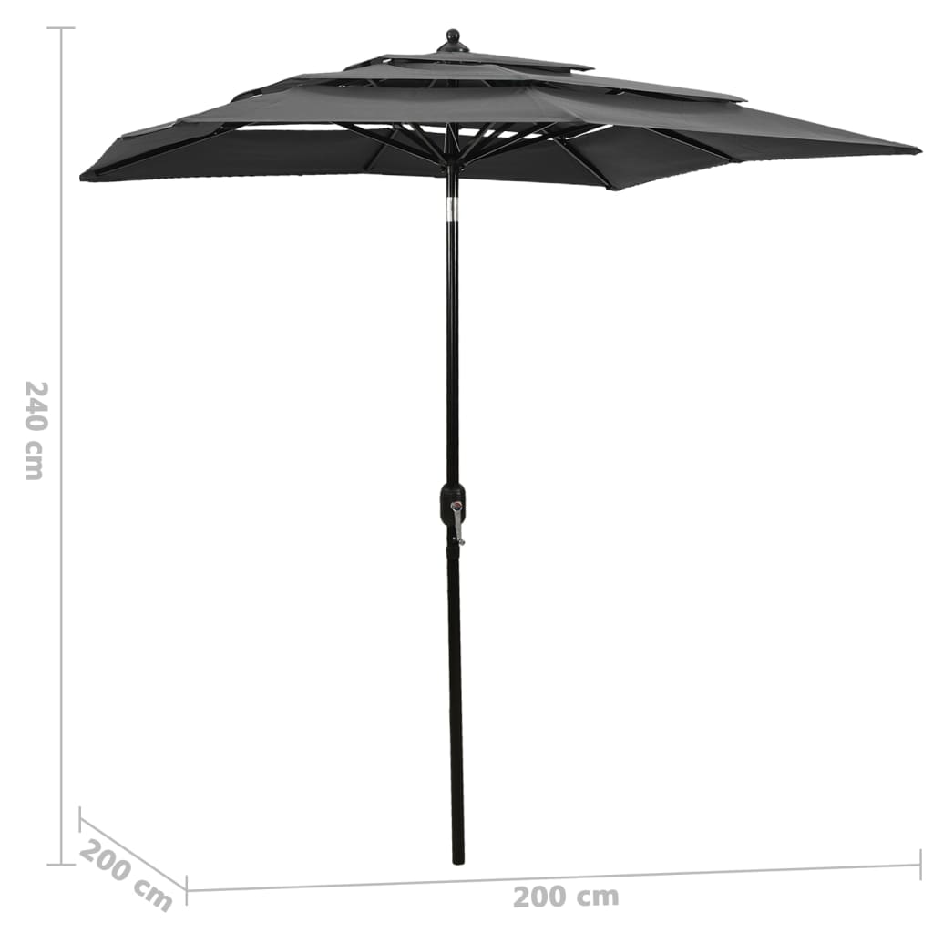 vidaXL Parasol à 3 niveaux avec mât en aluminium Anthracite 2x2 m