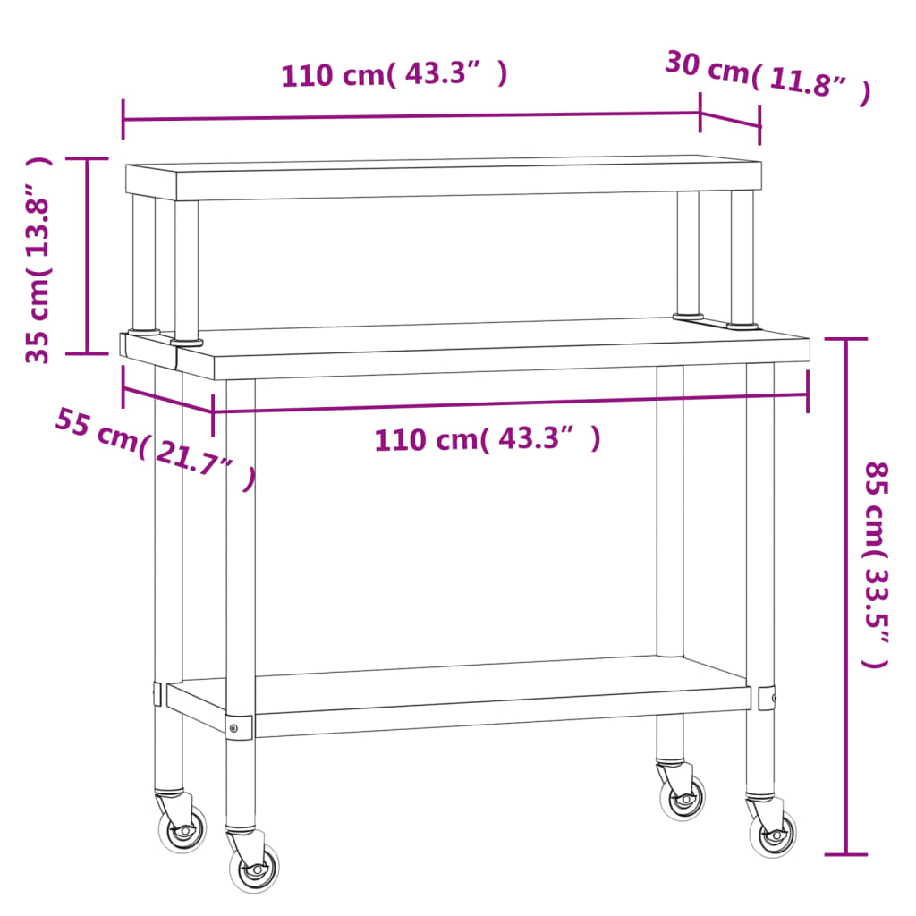 vidaXL Table de travail de cuisine avec étagère 110x55x120 cm inox