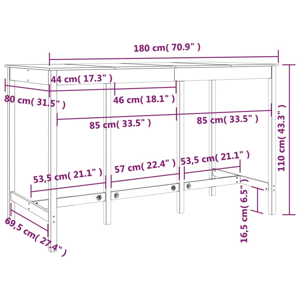 vidaXL Table de bar 180x80x110 cm Bois massif de pin