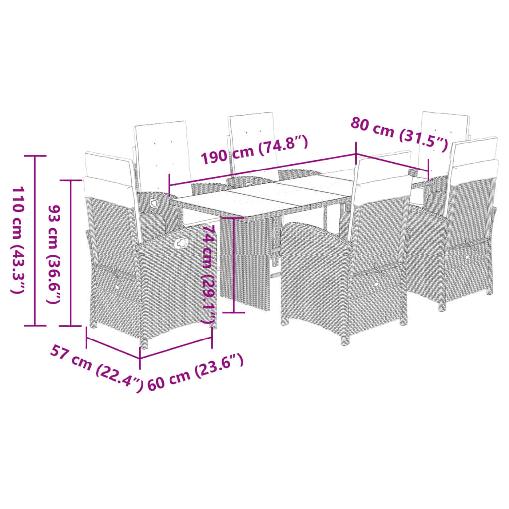 vidaXL Ensemble à manger de jardin et coussins 7 pcs gris clair rotin