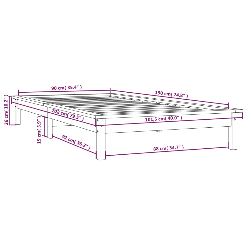 vidaXL Cadre de lit Gris 90x190 cm Bois de pin massif Simple