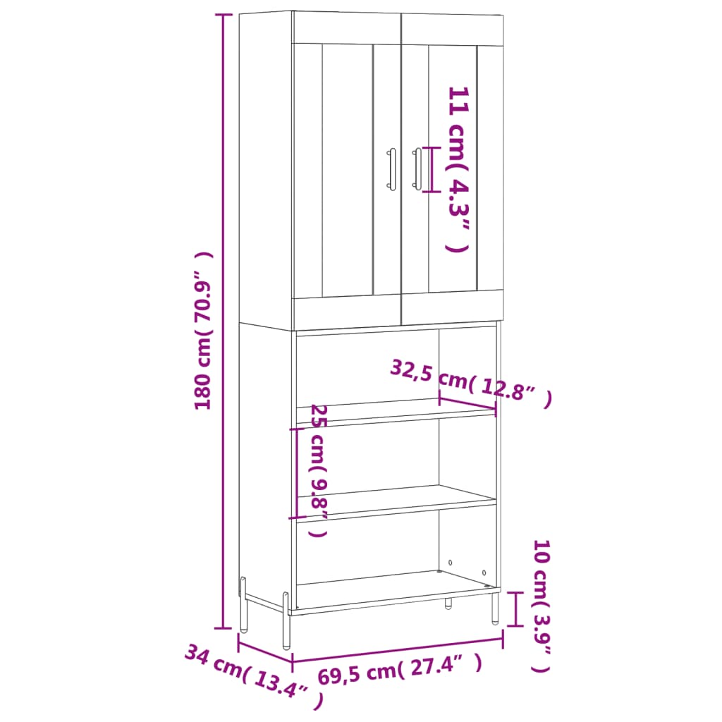 vidaXL Buffet haut Chêne fumé 69,5x34x180 cm Bois d'ingénierie