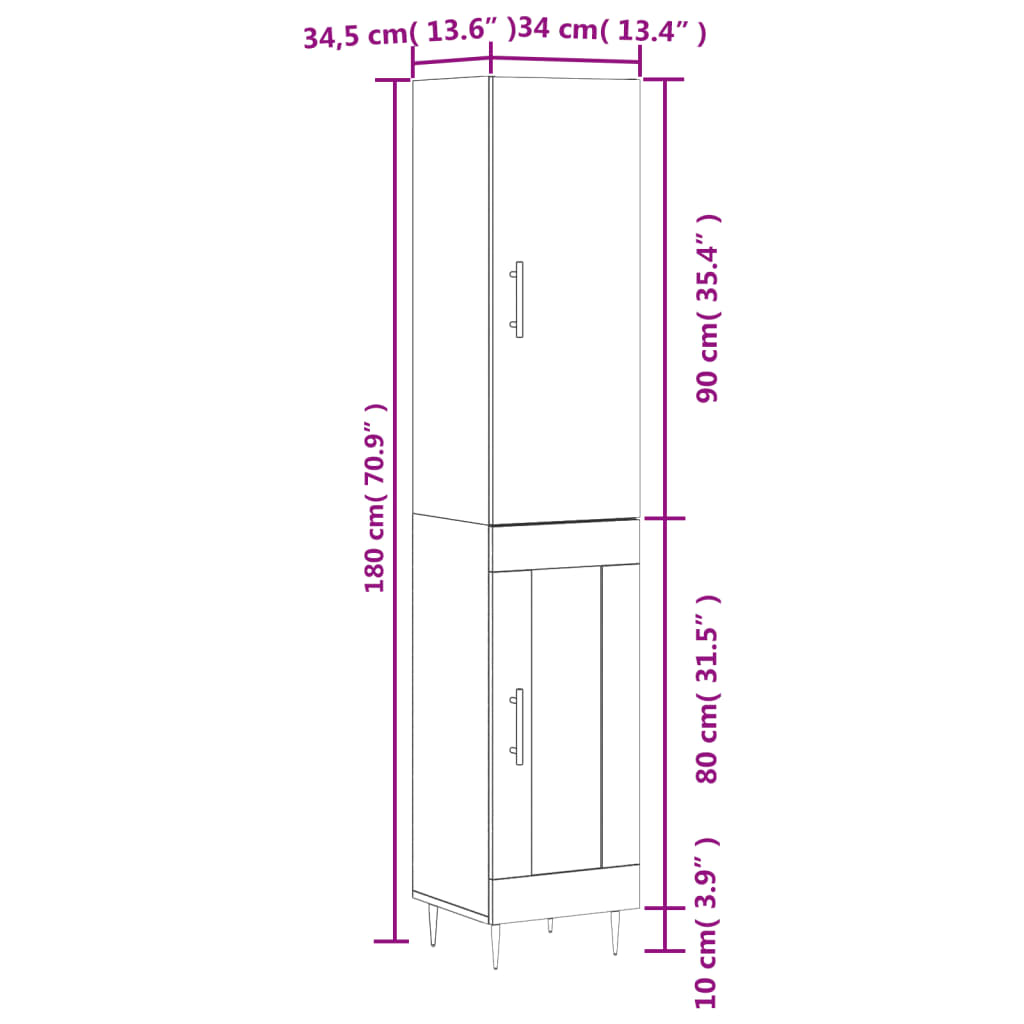 vidaXL Buffet haut Gris béton 34,5x34x180 cm Bois d'ingénierie