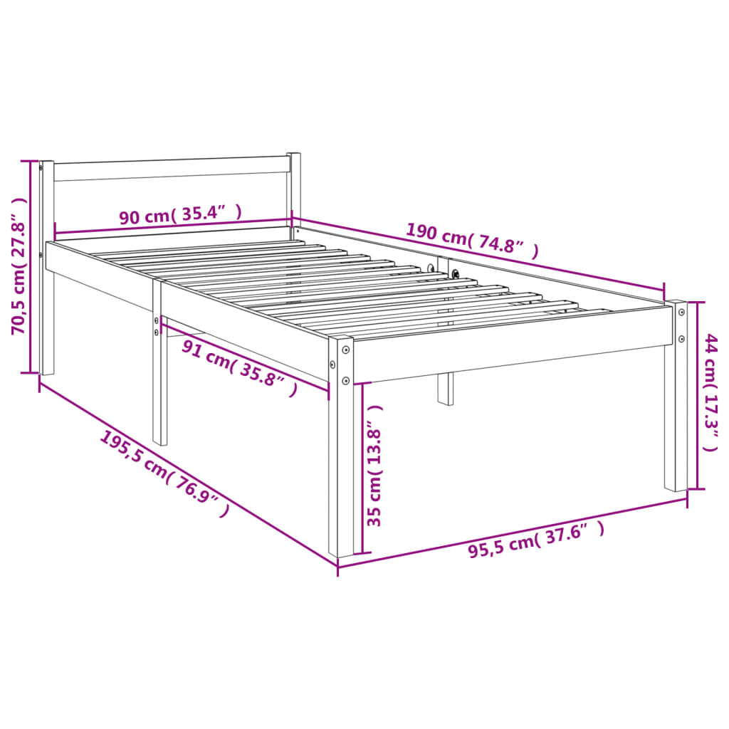 vidaXL Lit pour personne âgée blanc 90x190cm simple bois massif de pin