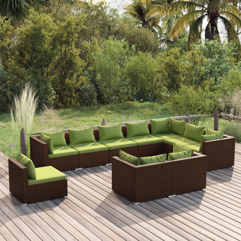 vidaXL Salon de jardin 10 pcs avec coussins Résine tressée Marron