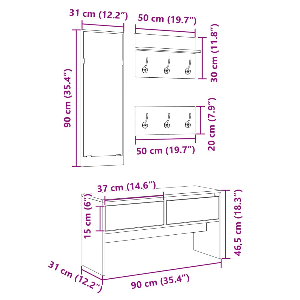 vidaXL Ensemble de meubles de couloir 4pcs sonoma gris bois ingénierie