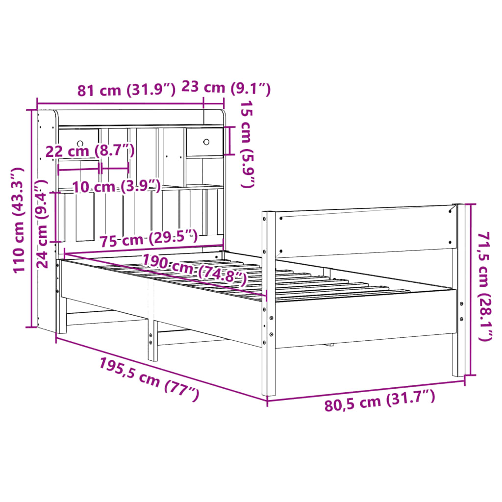 vidaXL Lit bibliothèque sans matelas cire marron 75x190 cm pin massif