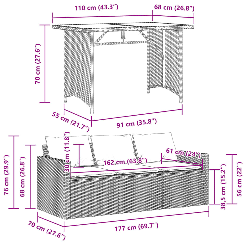 vidaXL Ensemble à manger de jardin et coussins 2 pcs gris rotin