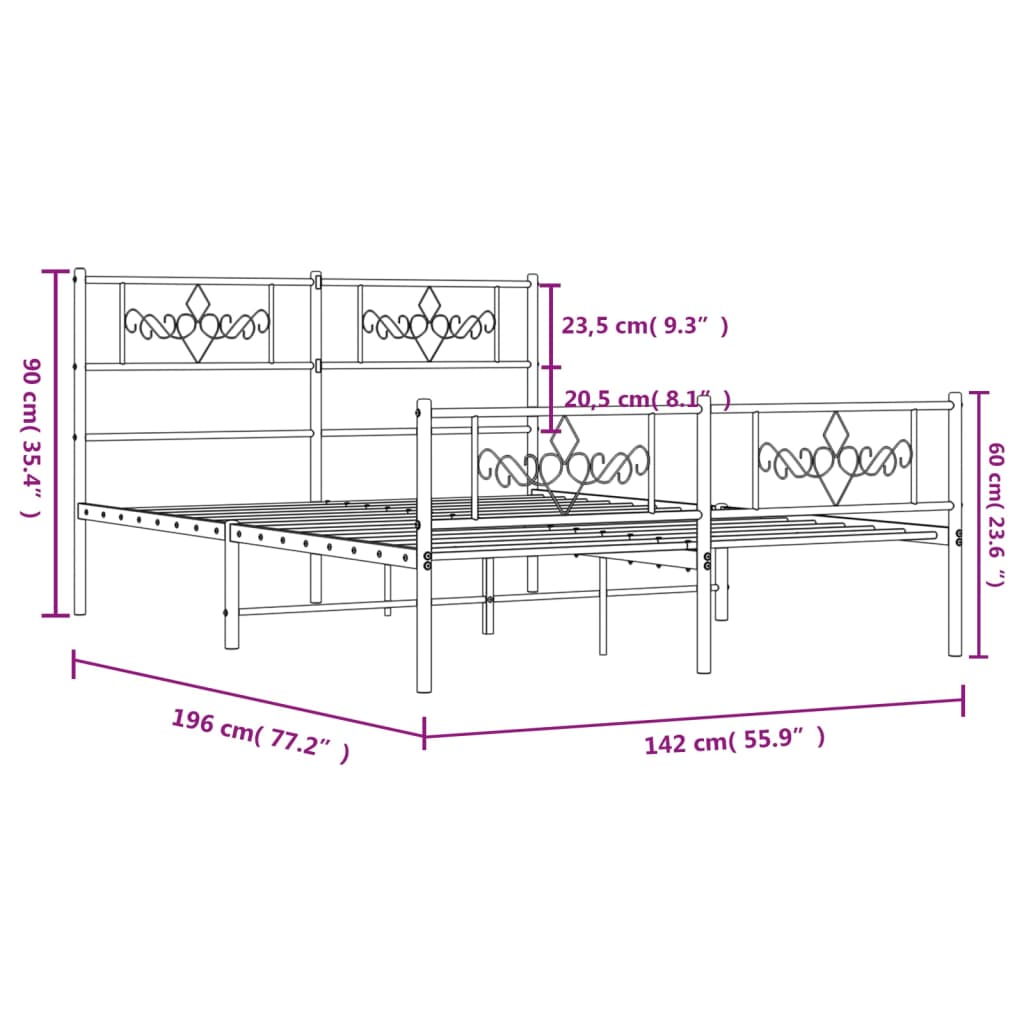 vidaXL Cadre de lit métal sans matelas et pied de lit blanc 135x190 cm