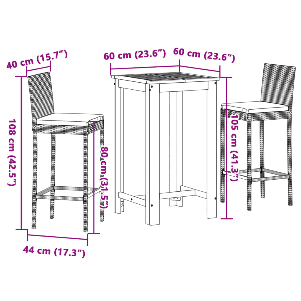 vidaXL Ensemble de bar de jardin 3 pcs gris bois massif acacia rotin