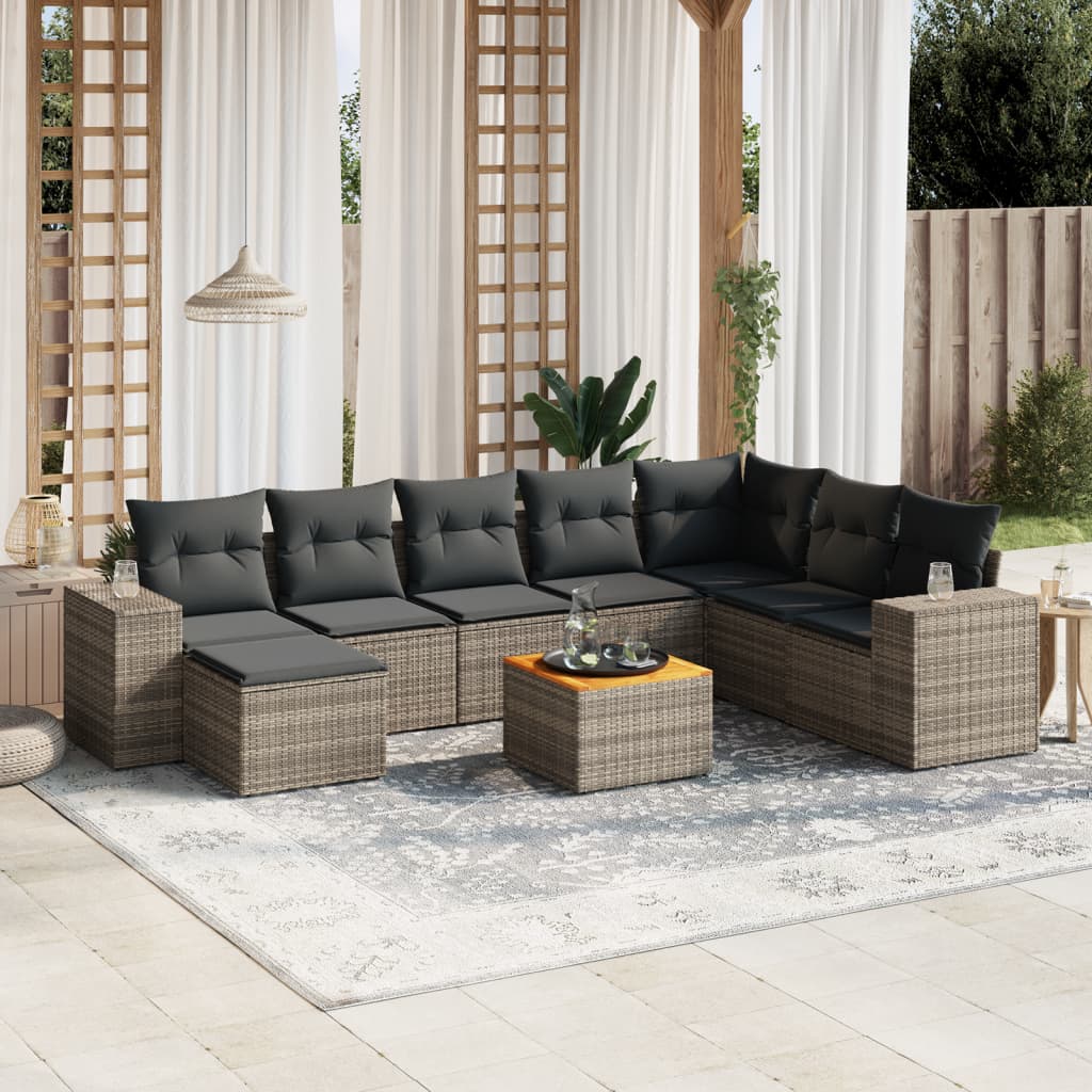 vidaXL Salon de jardin 9 pcs avec coussins gris résine tressée