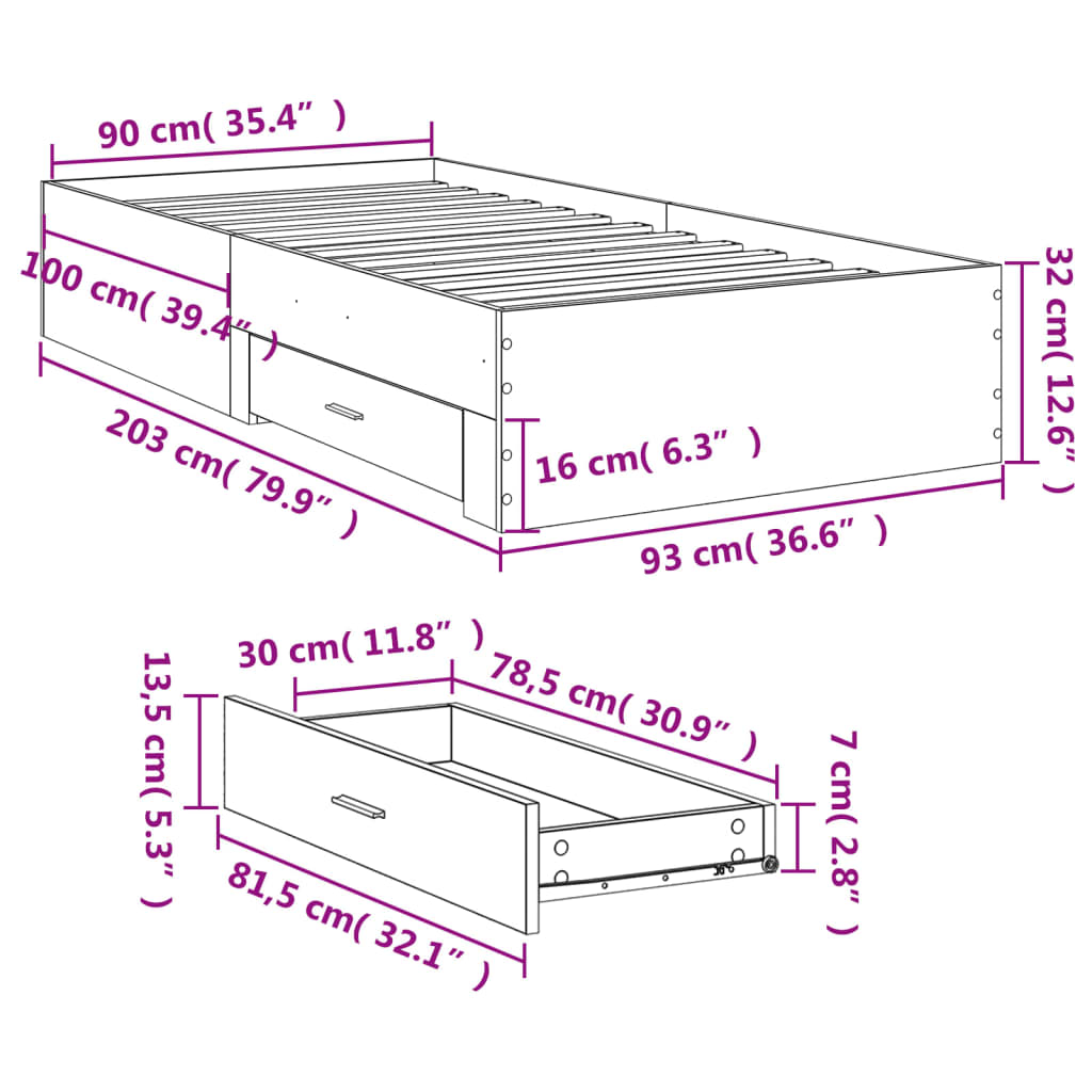 vidaXL Cadre de lit et tiroirs chêne sonoma 90x200cm bois d'ingénierie