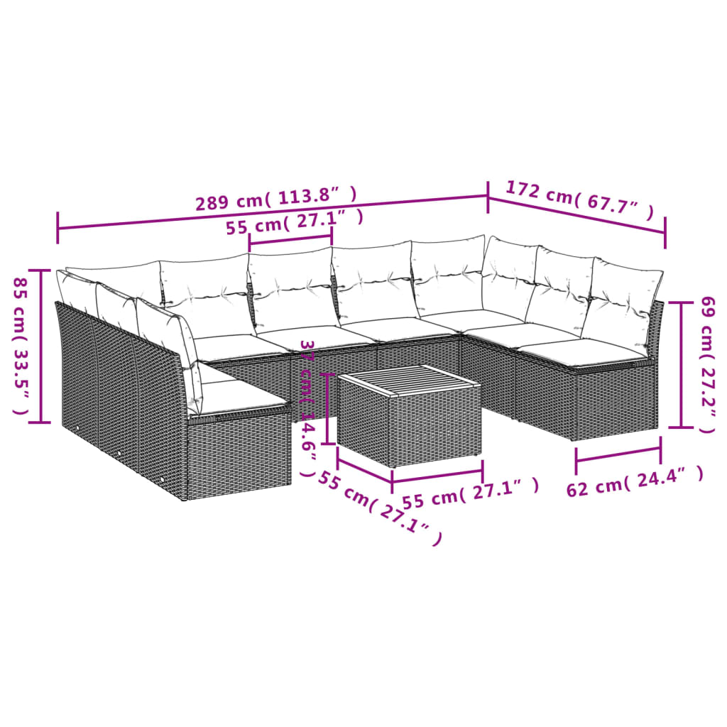 vidaXL Salon de jardin avec coussins 10 pcs gris résine tressée