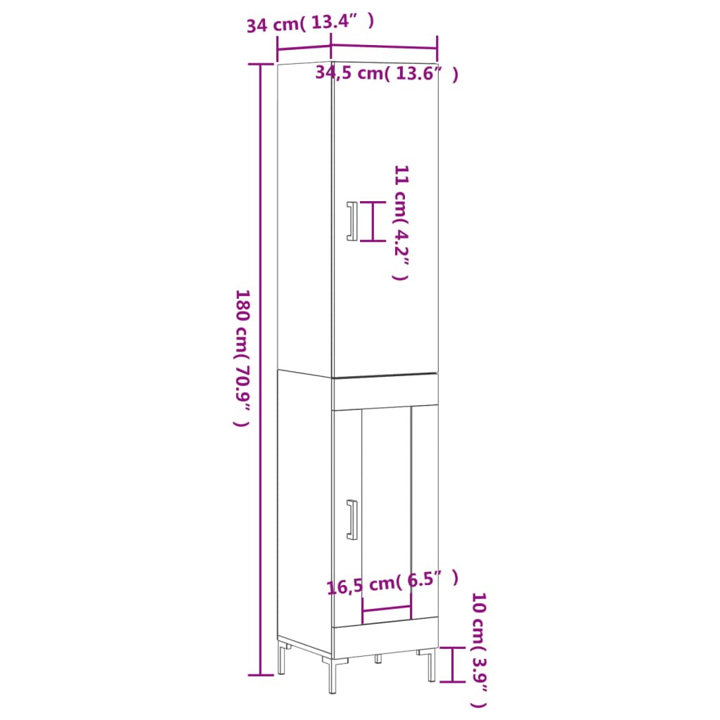 vidaXL Buffet haut Blanc 34,5x34x180 cm Bois d'ingénierie