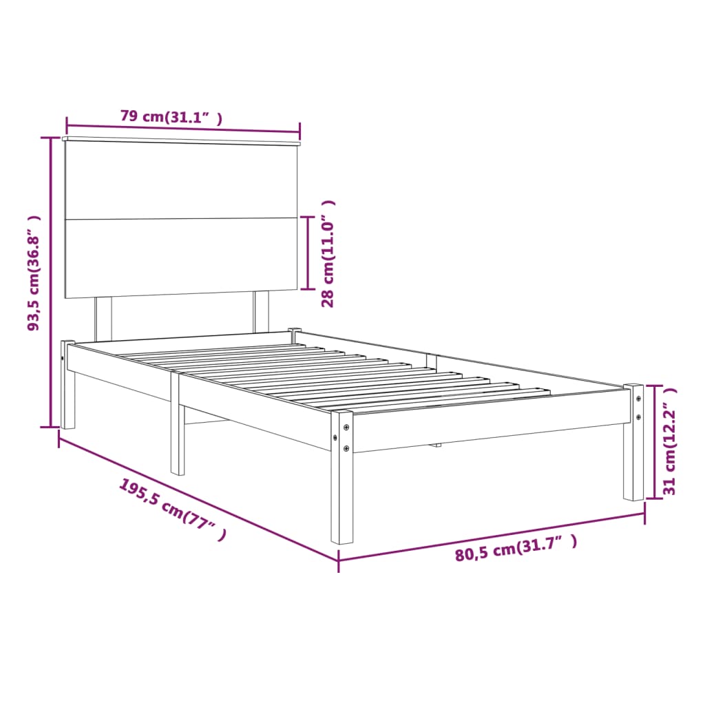 vidaXL Cadre de lit Marron miel Bois massif 75x190 cm Petit simple