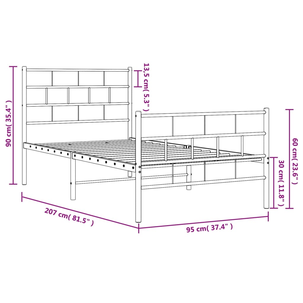 vidaXL Cadre de lit métal avec tête de lit/pied de lit blanc 90x200 cm