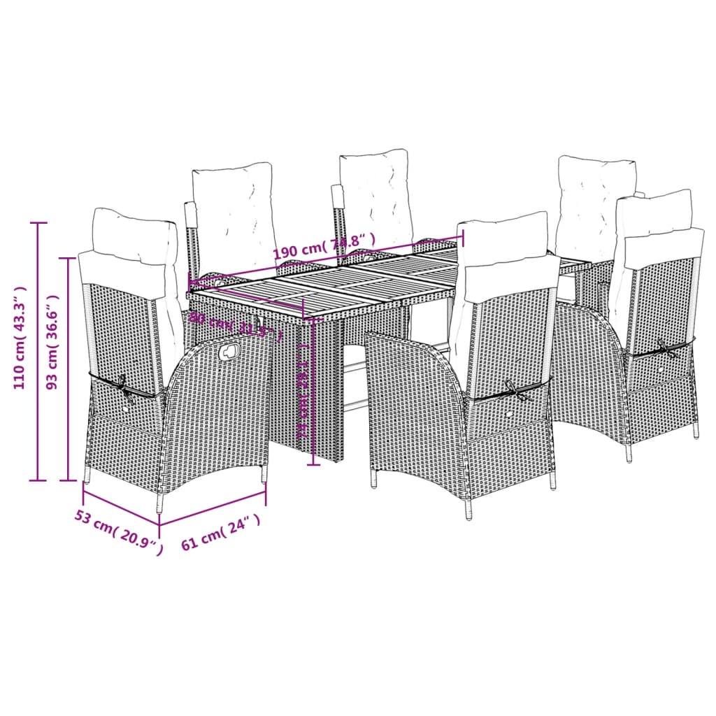 vidaXL Ensemble à manger de jardin coussins 7pcs Noir Résine tressée