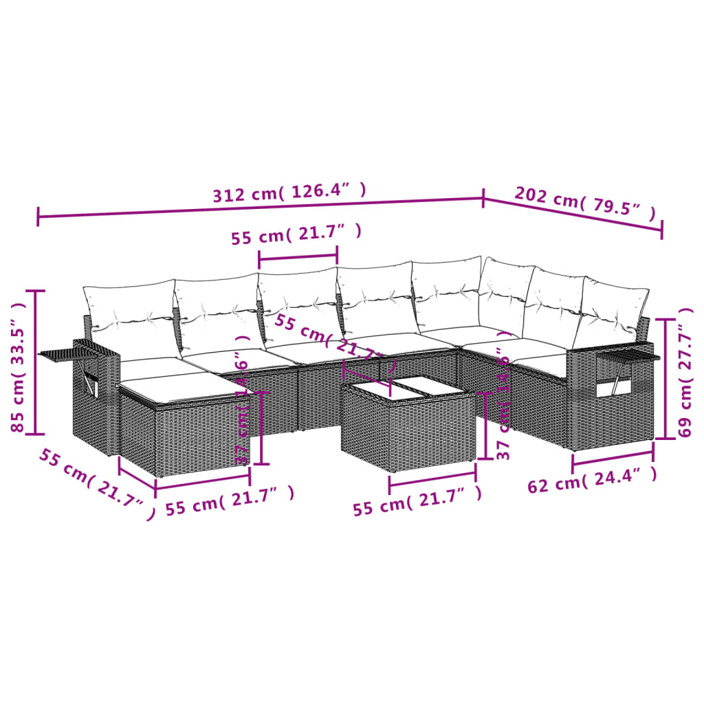 vidaXL Salon de jardin 9 pcs avec coussins gris clair résine tressée