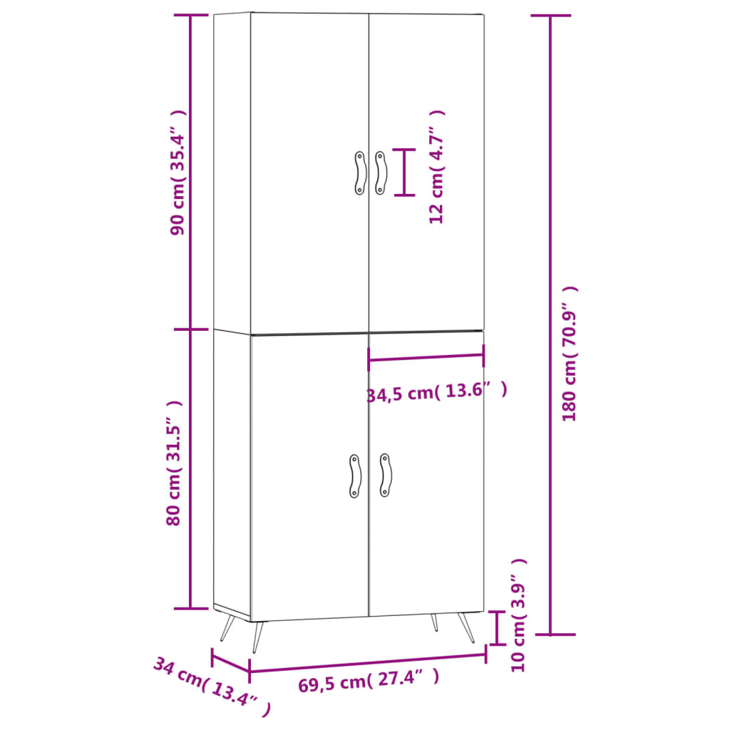 vidaXL Buffet haut Gris béton 69,5x34x180 cm Bois d'ingénierie