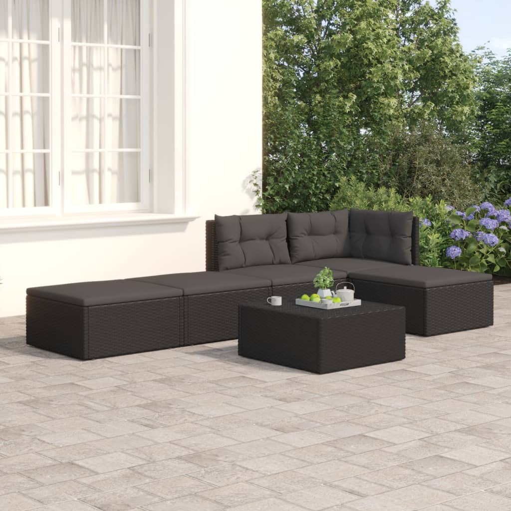 vidaXL Salon de jardin 5 pcs avec coussins Noir Résine tressée