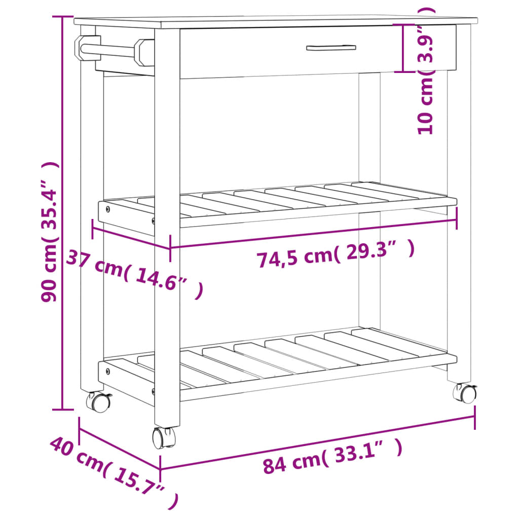 vidaXL Chariot de cuisine MONZA 84x40x90 cm bois massif de pin