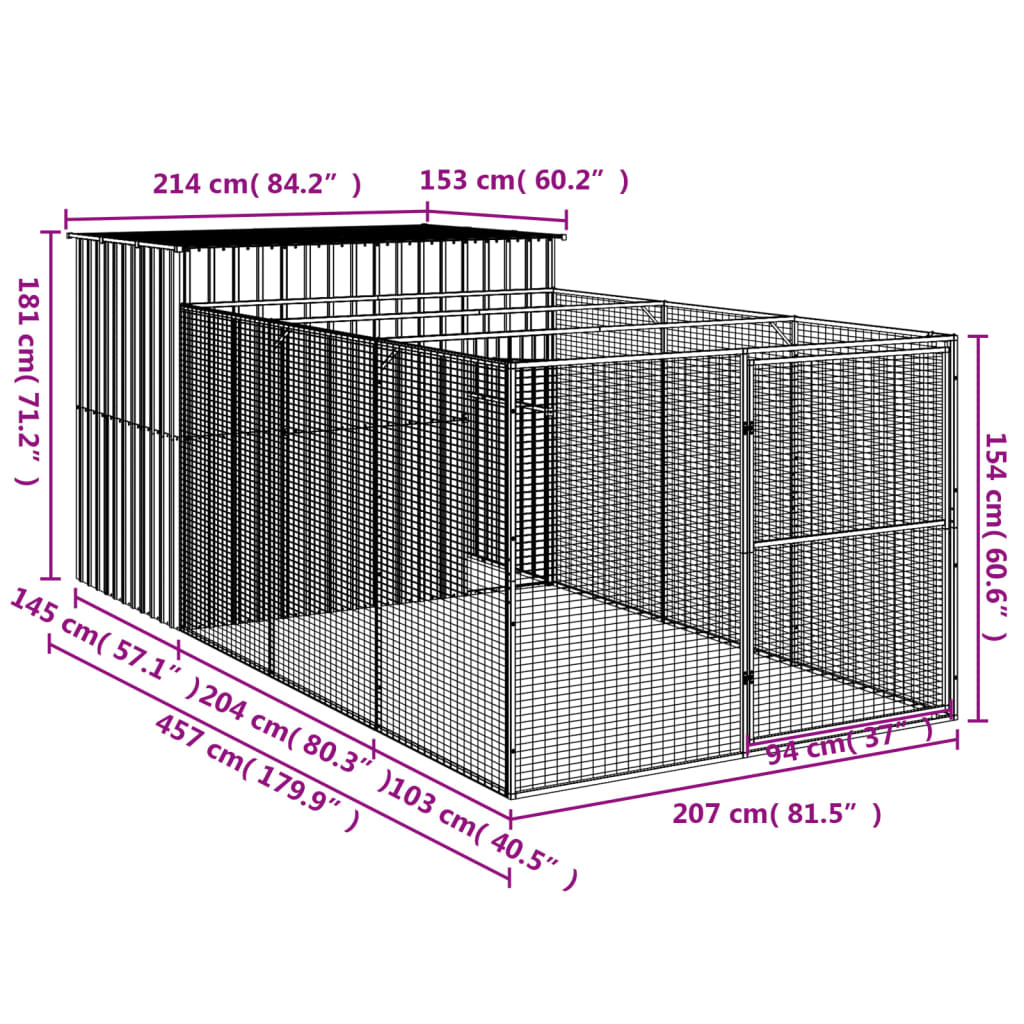 vidaXL Niche pour chien avec cour gris clair 214x457x181 cm