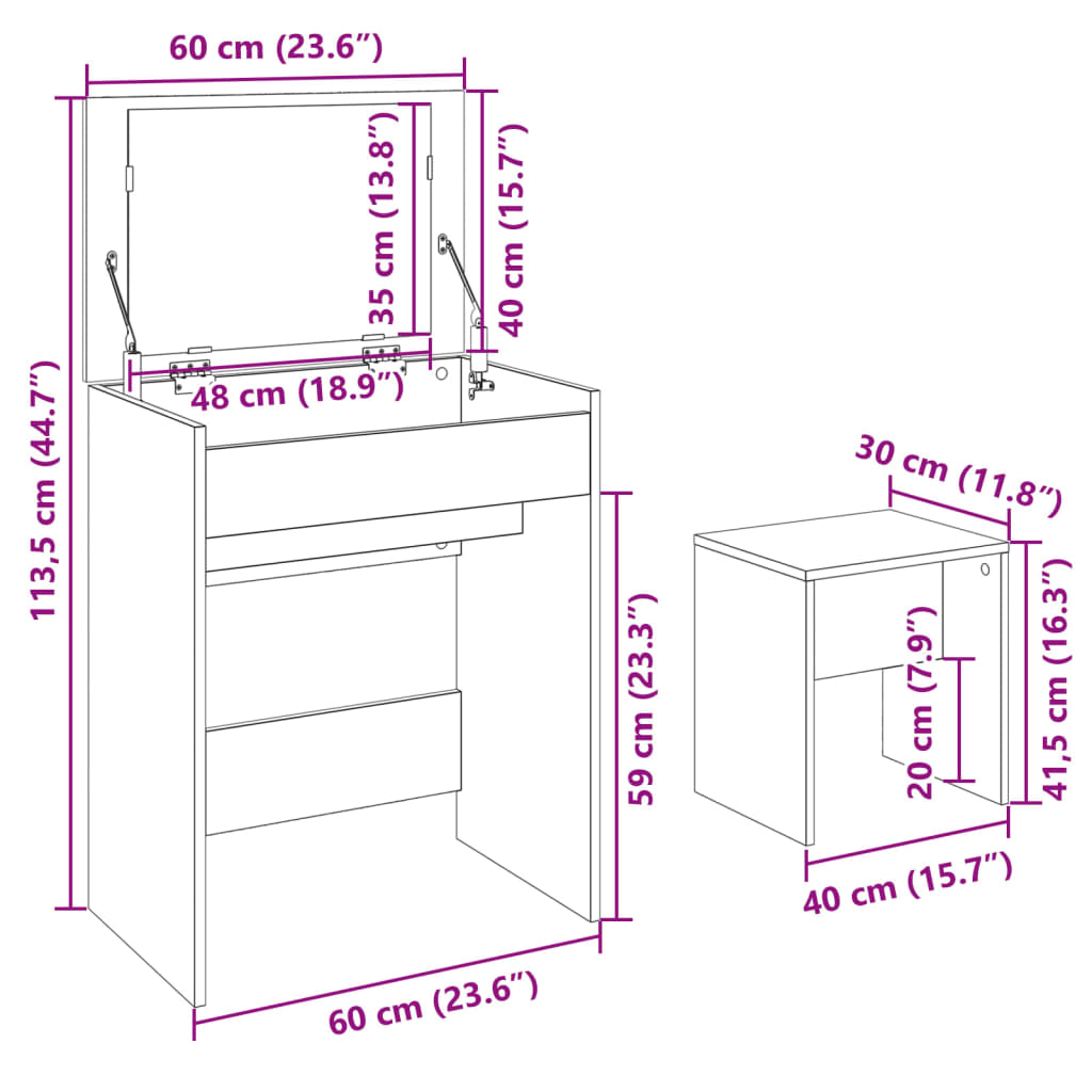 vidaXL Coiffeuse et tabouret gris béton 60x40x113,5 cm