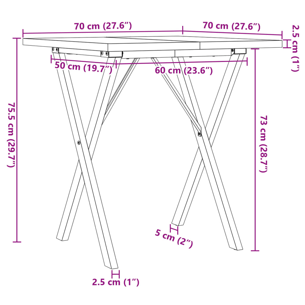 vidaXL Table à manger cadre en X 70x70x75,5cm bois de pin massif fonte