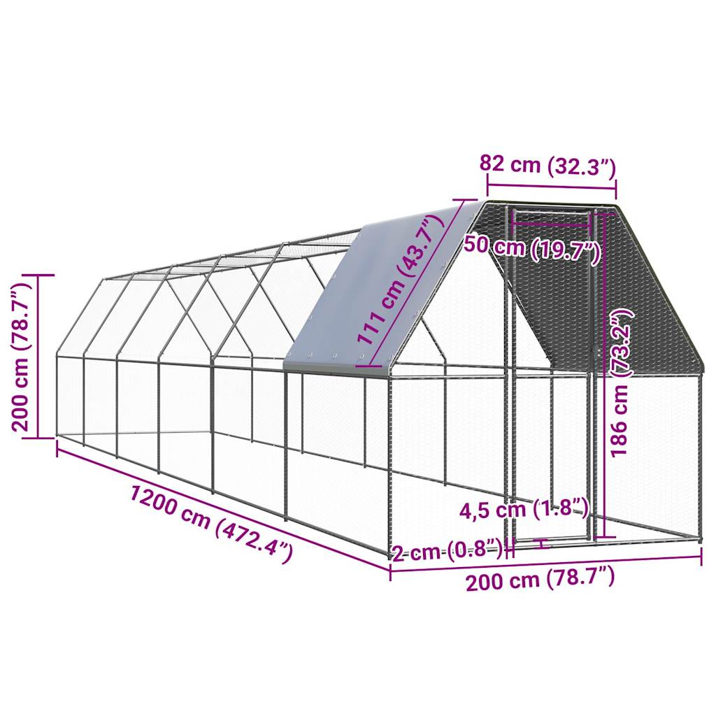 vidaXL Poulailler 2x12x2 m acier galvanisé