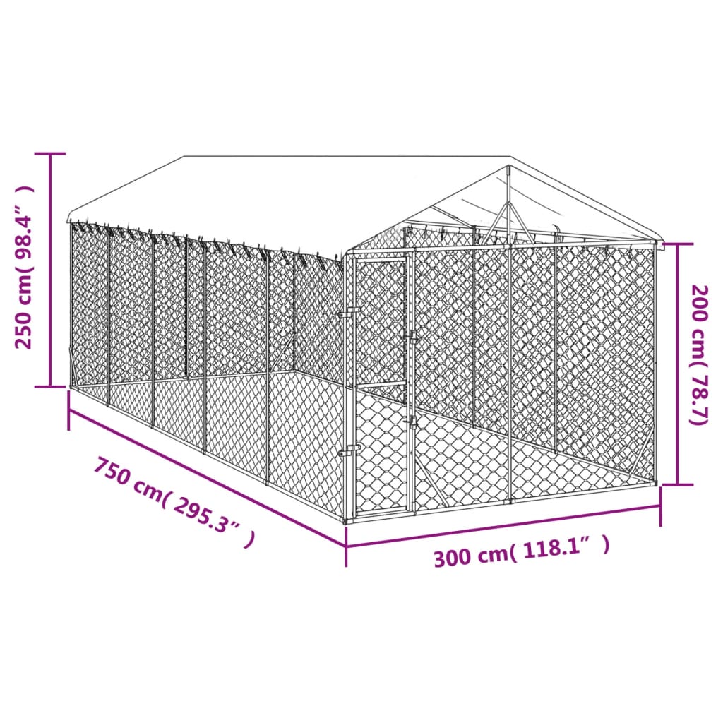 vidaXL Chenil d'extérieur pour chiens avec toit argenté 3x7,5x2,5 m