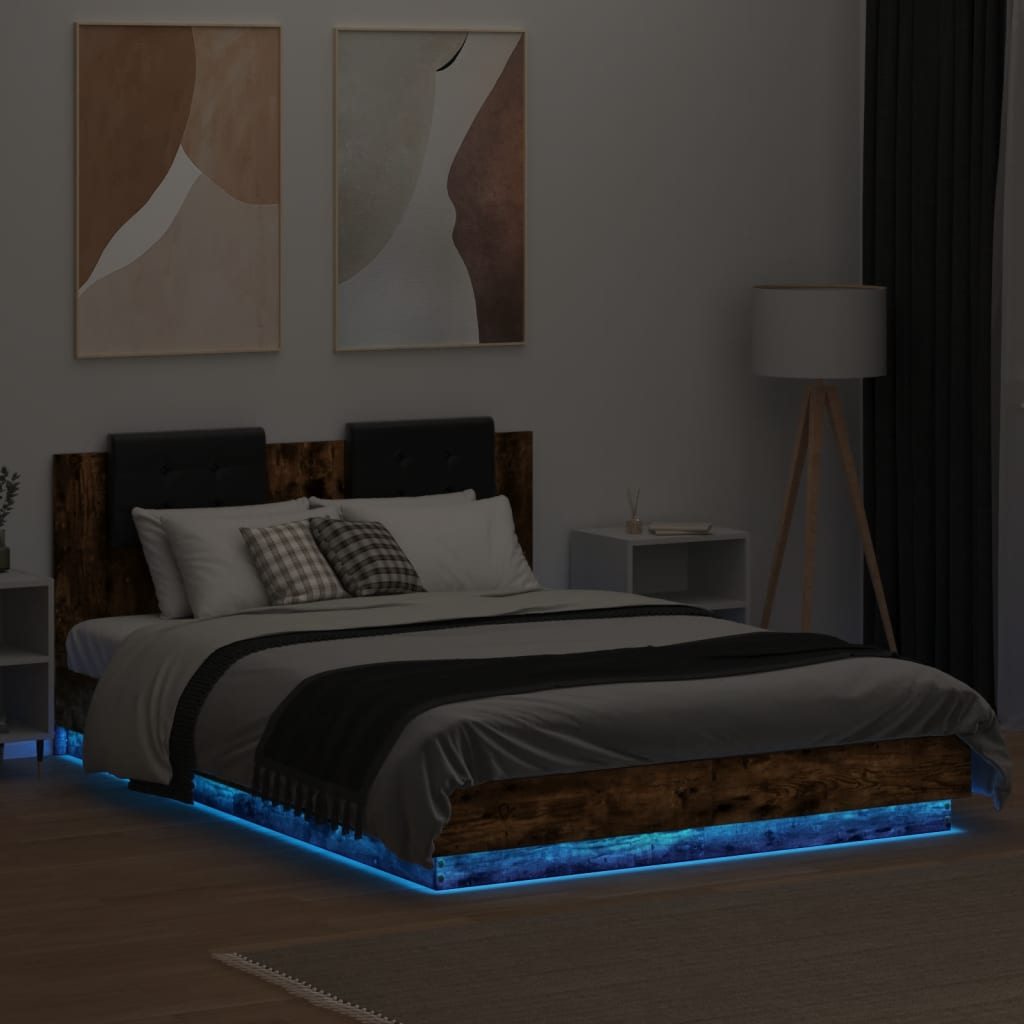 vidaXL Cadre de lit tête de lit et lumières LED chêne fumé 120x200 cm