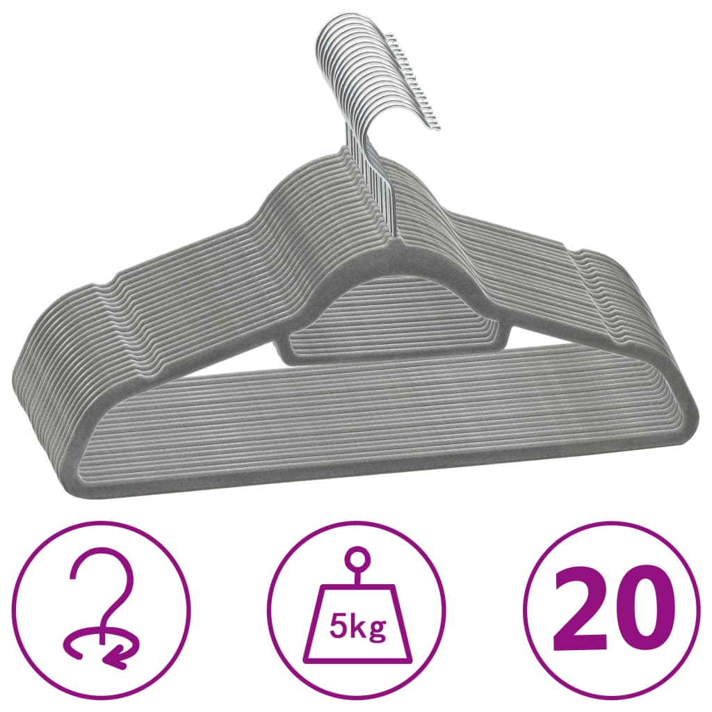 vidaXL Cintres antidérapants 20 pcs Gris Velours