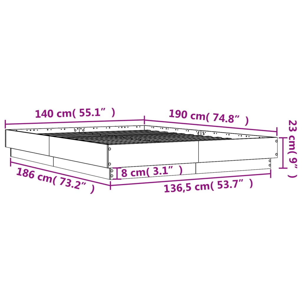 vidaXL Cadre de lit avec LED sans matelas sonoma gris 140x190 cm