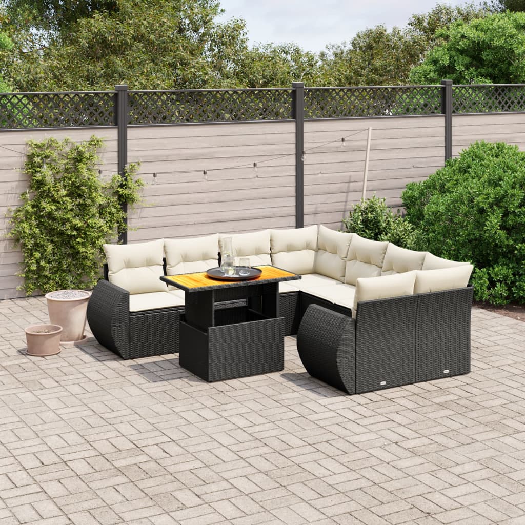 vidaXL Salon de jardin 9 pcs avec coussins noir résine tressée