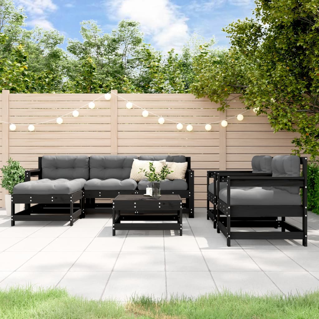 vidaXL Salon de jardin 7 pcs avec coussins noir bois massif