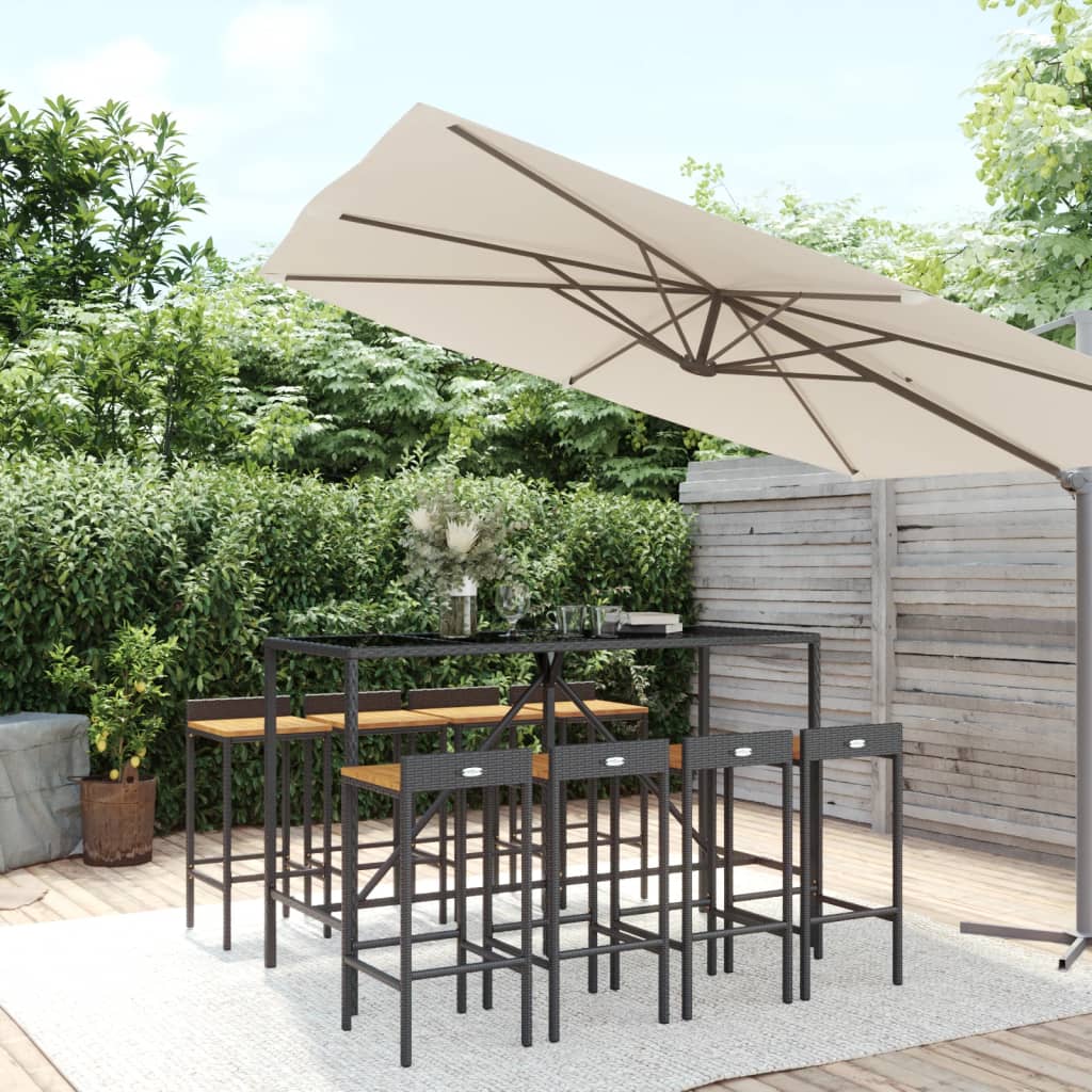 vidaXL Ensemble de bar jardin 9 pcs noir poly rotin/bois massif acacia