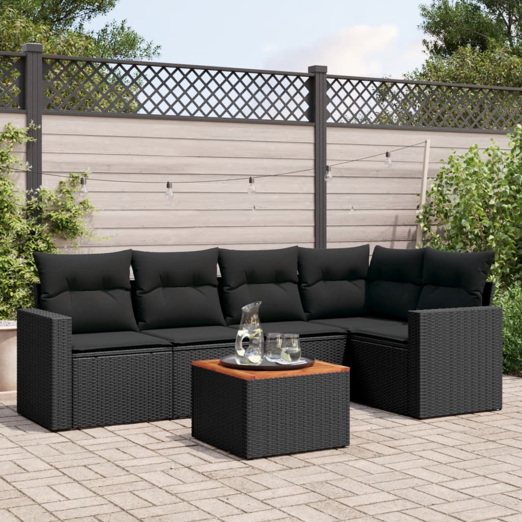 vidaXL Salon de jardin 6 pcs avec coussins noir résine tressée