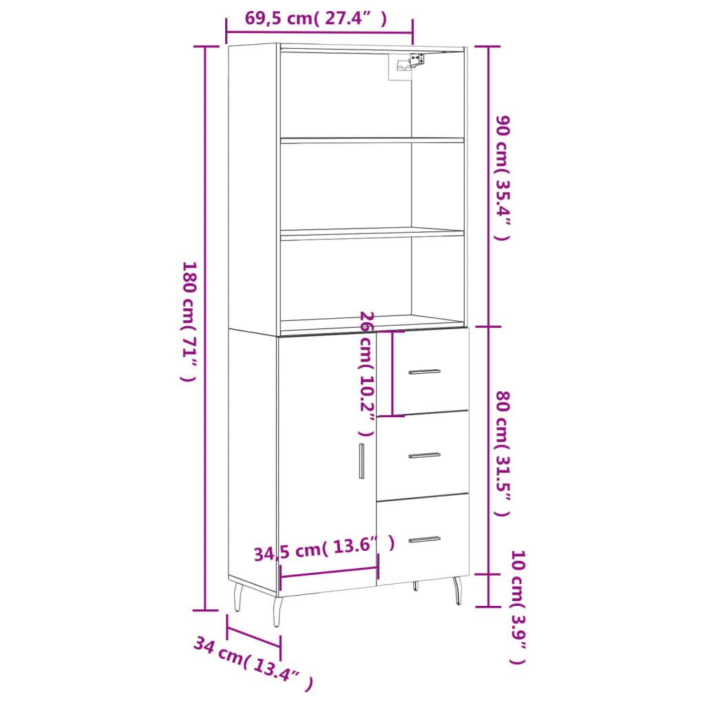 vidaXL Buffet haut Chêne fumé 69,5x34x180 cm Bois d'ingénierie