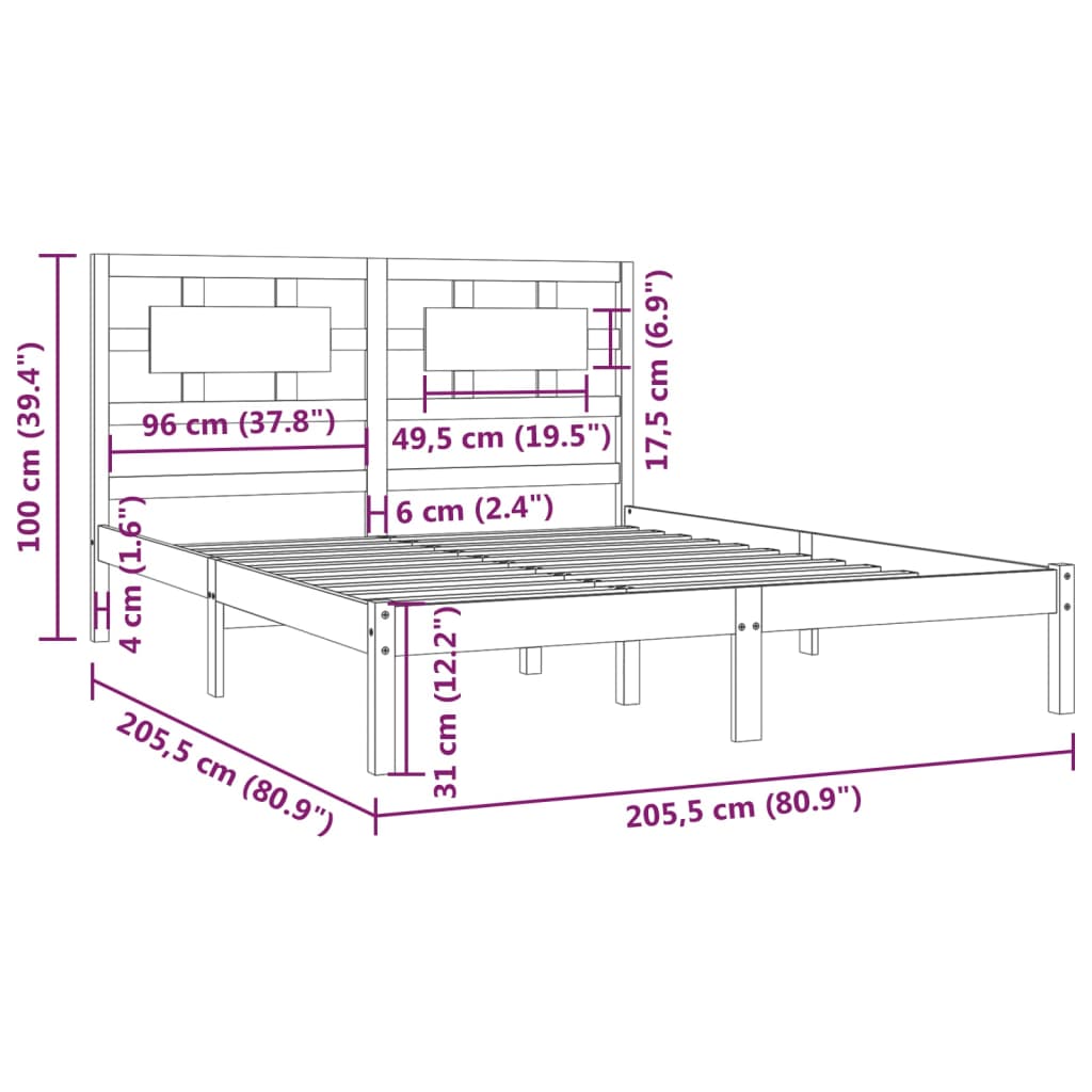 vidaXL Cadre de lit Noir Bois de pin massif 200x200 cm