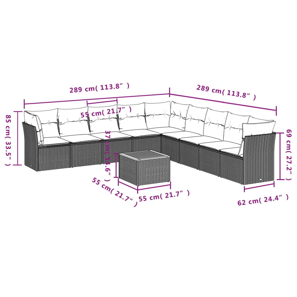 vidaXL Salon de jardin 10 pcs avec coussins noir résine tressée